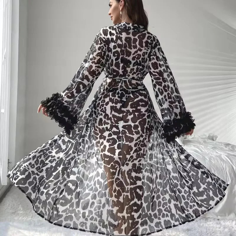 Leopard Print Long Net Nighty Gown