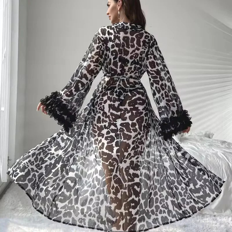 Leopard Print Long Net Nighty Gown