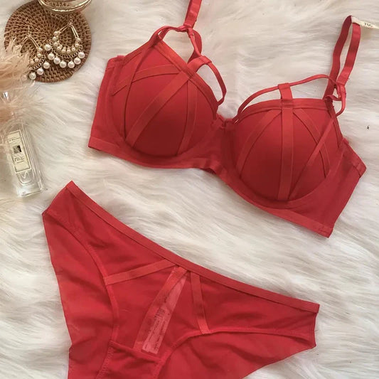Black & Red Mesh Strappy Bra & Panty Set for Women
