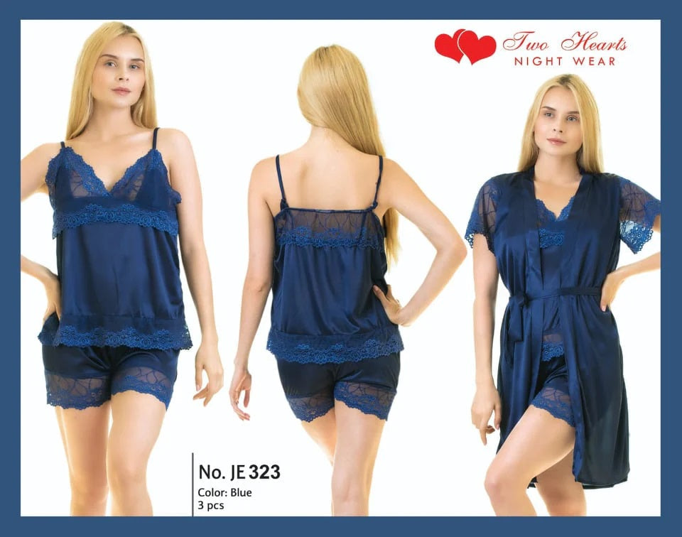 3 Piece Piece silk Night Suit with Gown