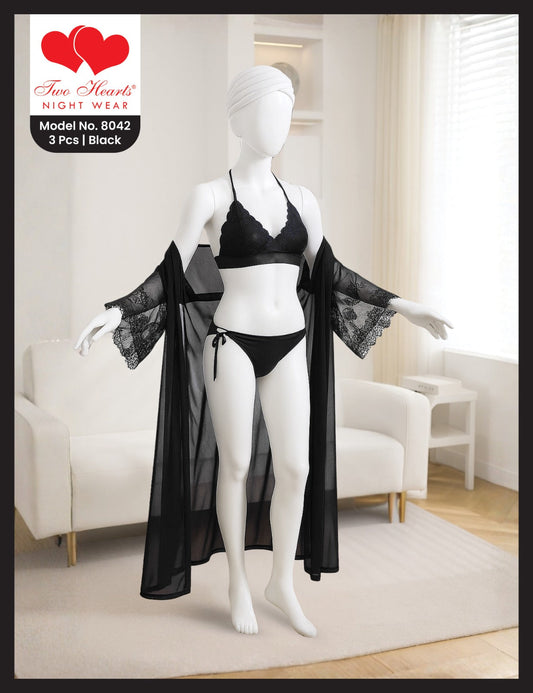 3 Piece Long Nighty with Gown and Bra set