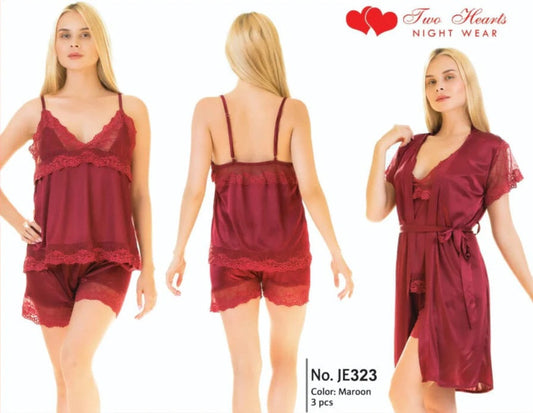 3 Piece Piece silk Night Suit with Gown