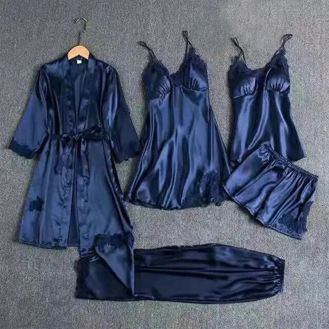 Rose Dream 5 pieces Silk Nighty with Robe, shorts and Trouser