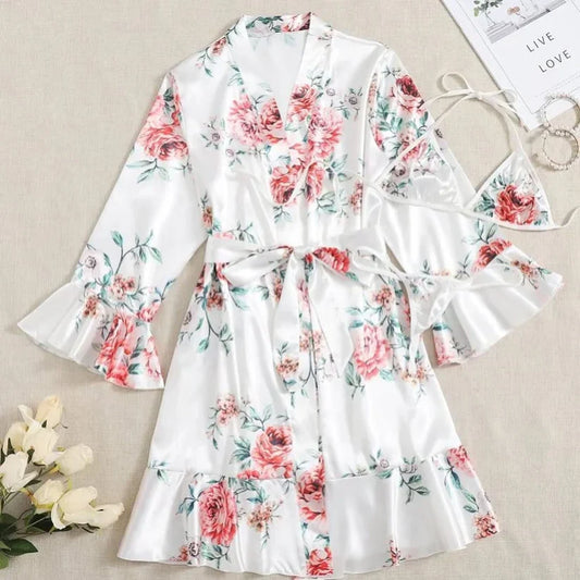Floral Printed 3 piece Silky Nighty