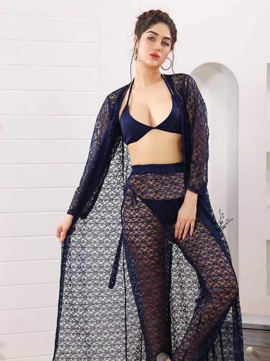 4 Piece Long Night Suit with Gown Trouser