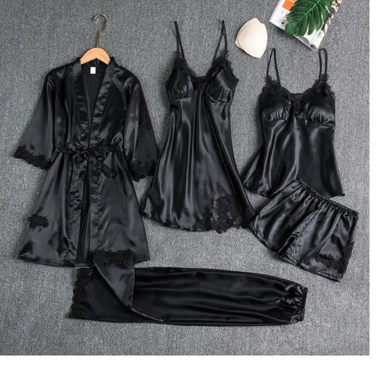Rose Dream 5 pieces Silk Nighty with Robe, shorts and Trouser