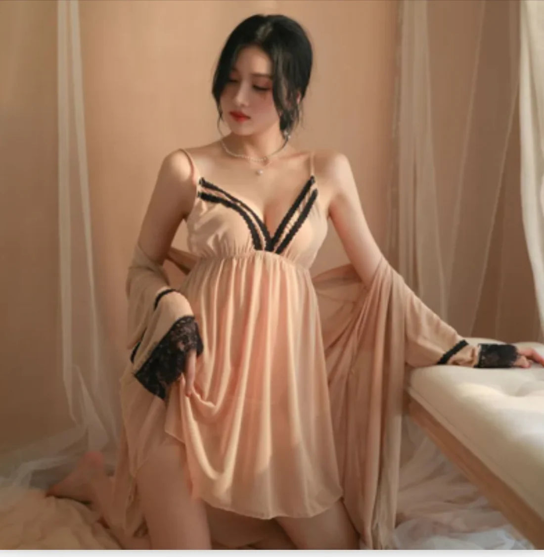 Warm Whisper 3 Piece Short net Nighty with Gown