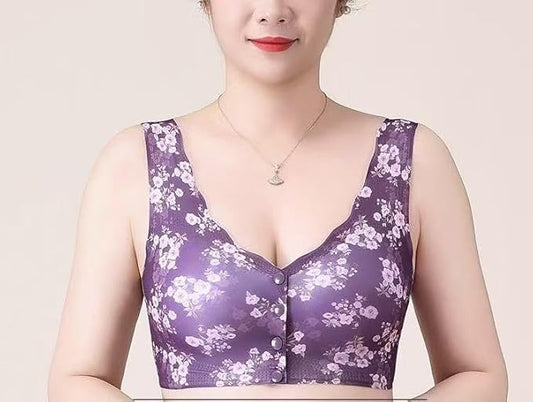 Floral Front Button Bra Ice Silk Bralette Bidi