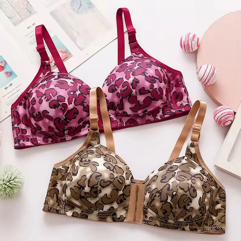 Front Closure Printed Push-Up Bra Leopard Wireless Front Open