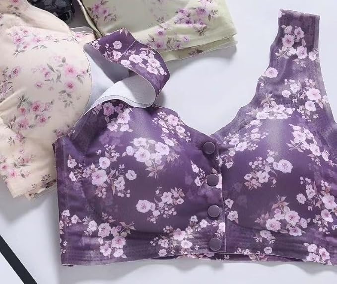 Floral Front Button Bra Ice Silk Bralette Bidi