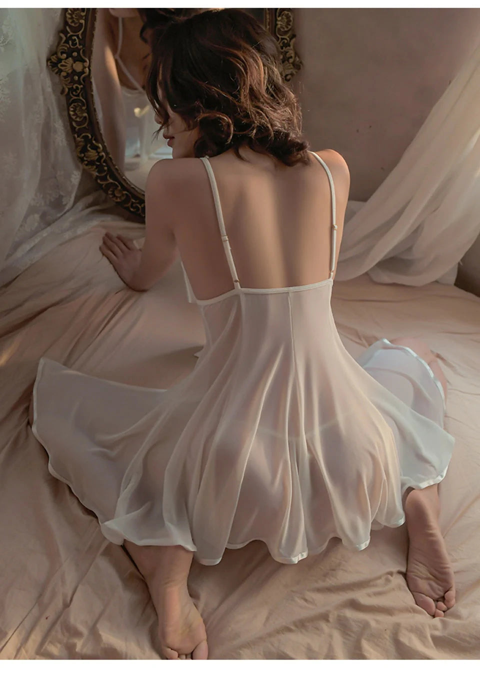 Elegant Bow-Front Lace Babydoll Short Silky Nighty