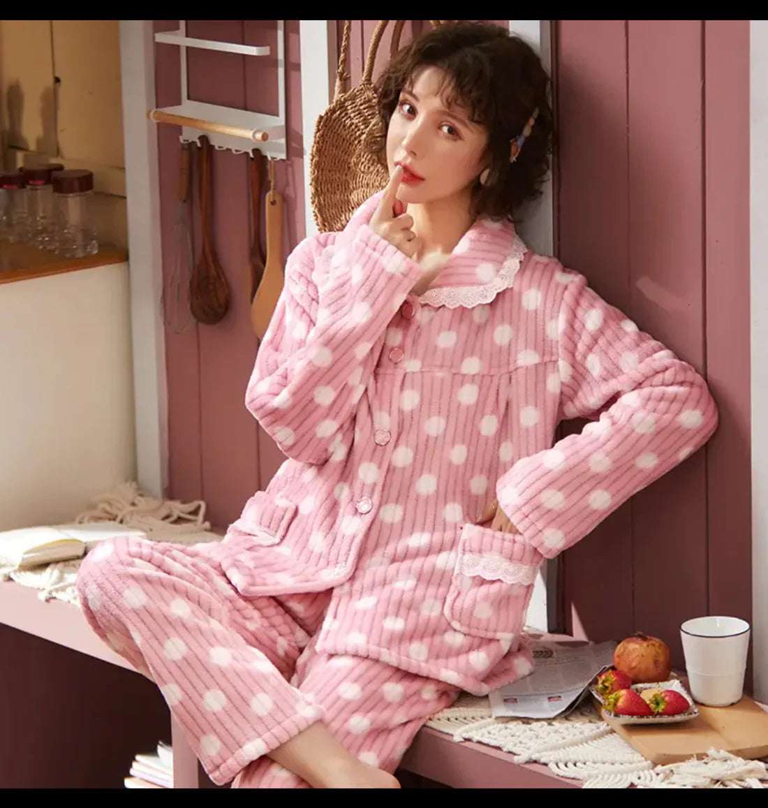 fleece Night Suit Polka Dots
