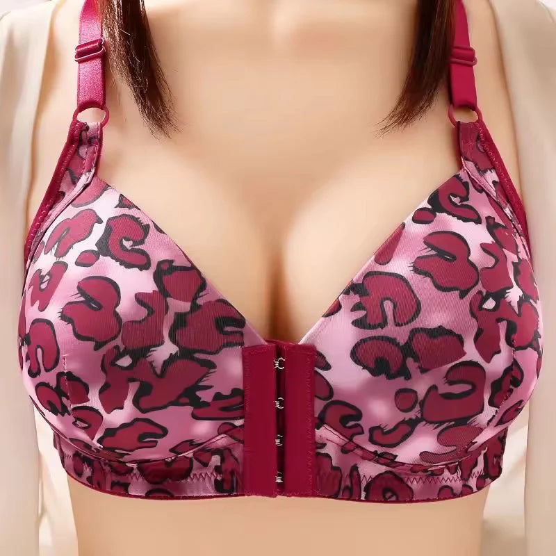 Front Closure Printed Push-Up Bra Leopard Wireless Front Open