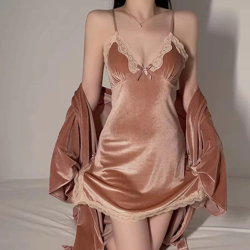 Women’s Velvet Lace Nightdress with Matching Robe