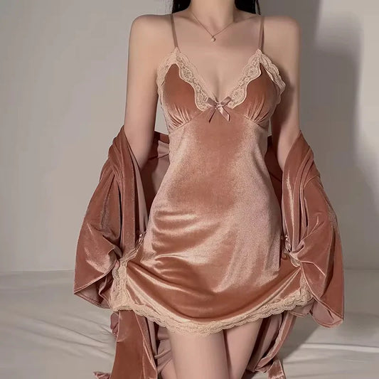 Women’s Velvet Lace Nightdress with Matching Robe