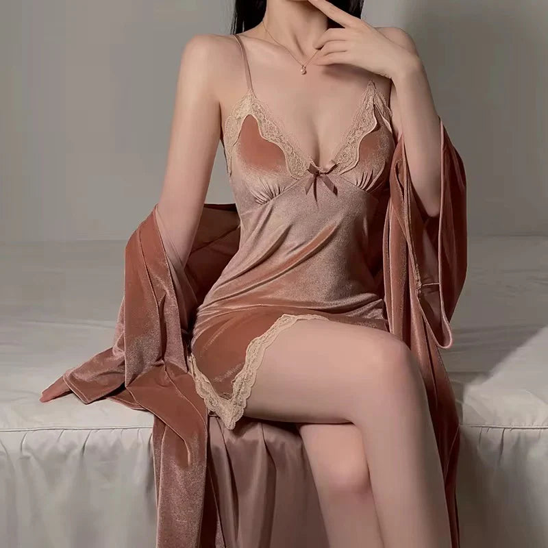Women’s Velvet Lace Nightdress with Matching Robe