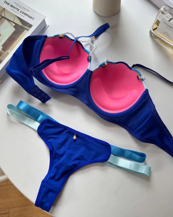 pearl-detailed straps Bra Set padded push up