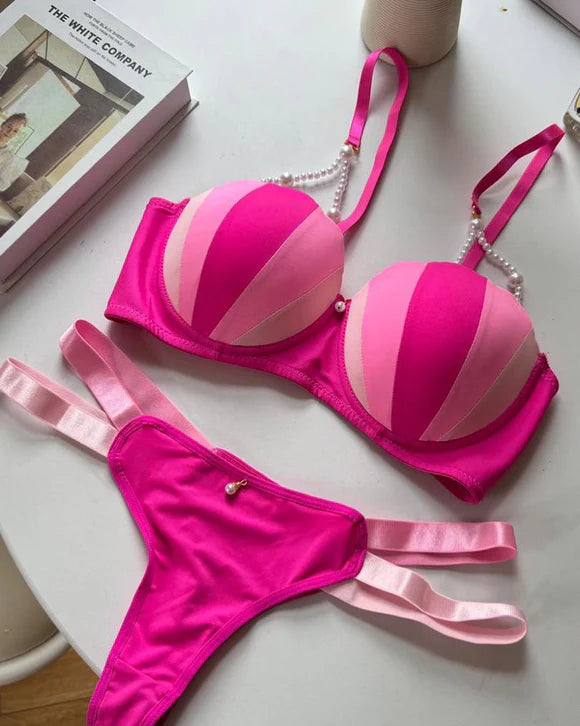 pearl-detailed straps Bra Set padded push up