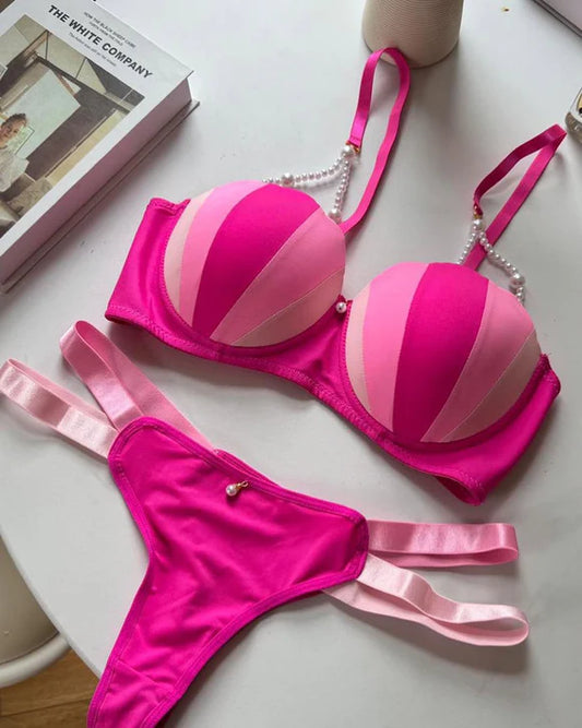 pearl-detailed straps Bra Set padded push up