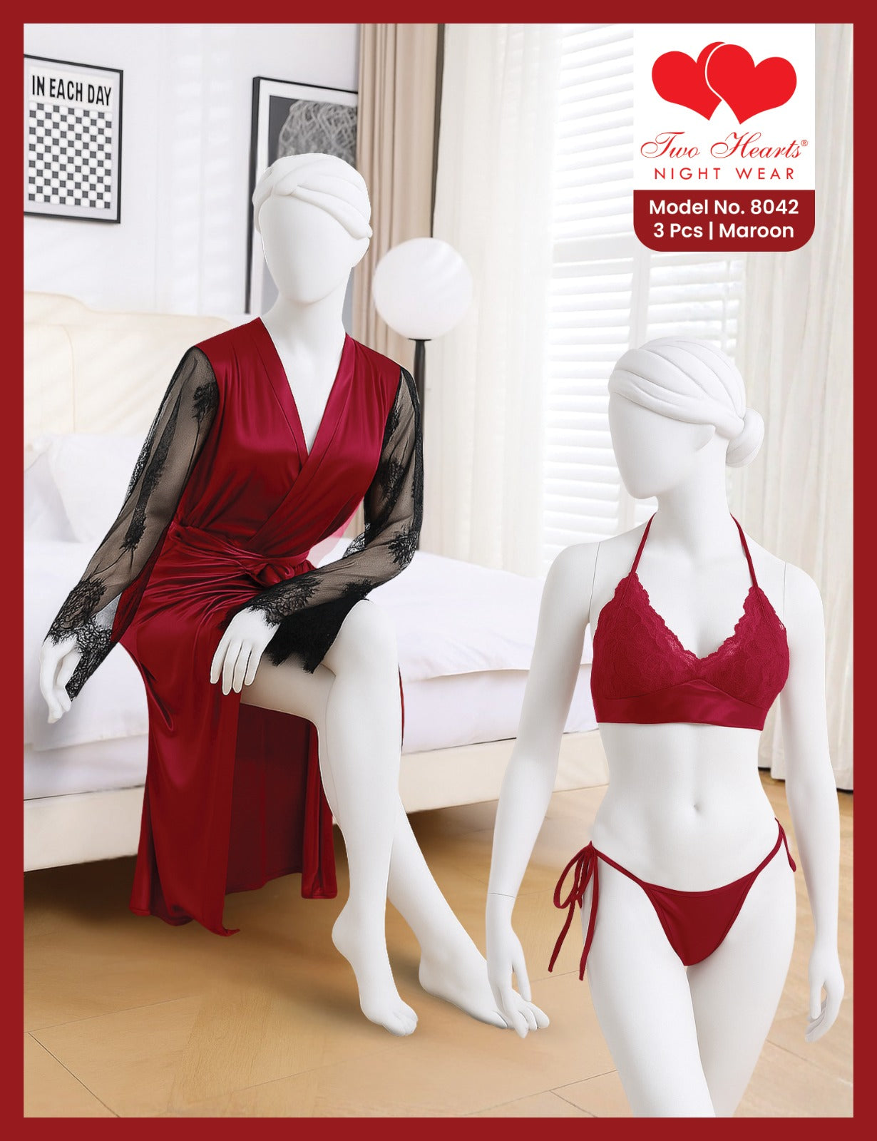 3 Piece Long Nighty with Gown and Bra set