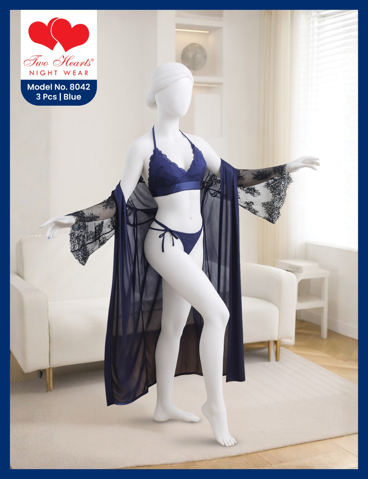 3 Piece Long Nighty with Gown and Bra set