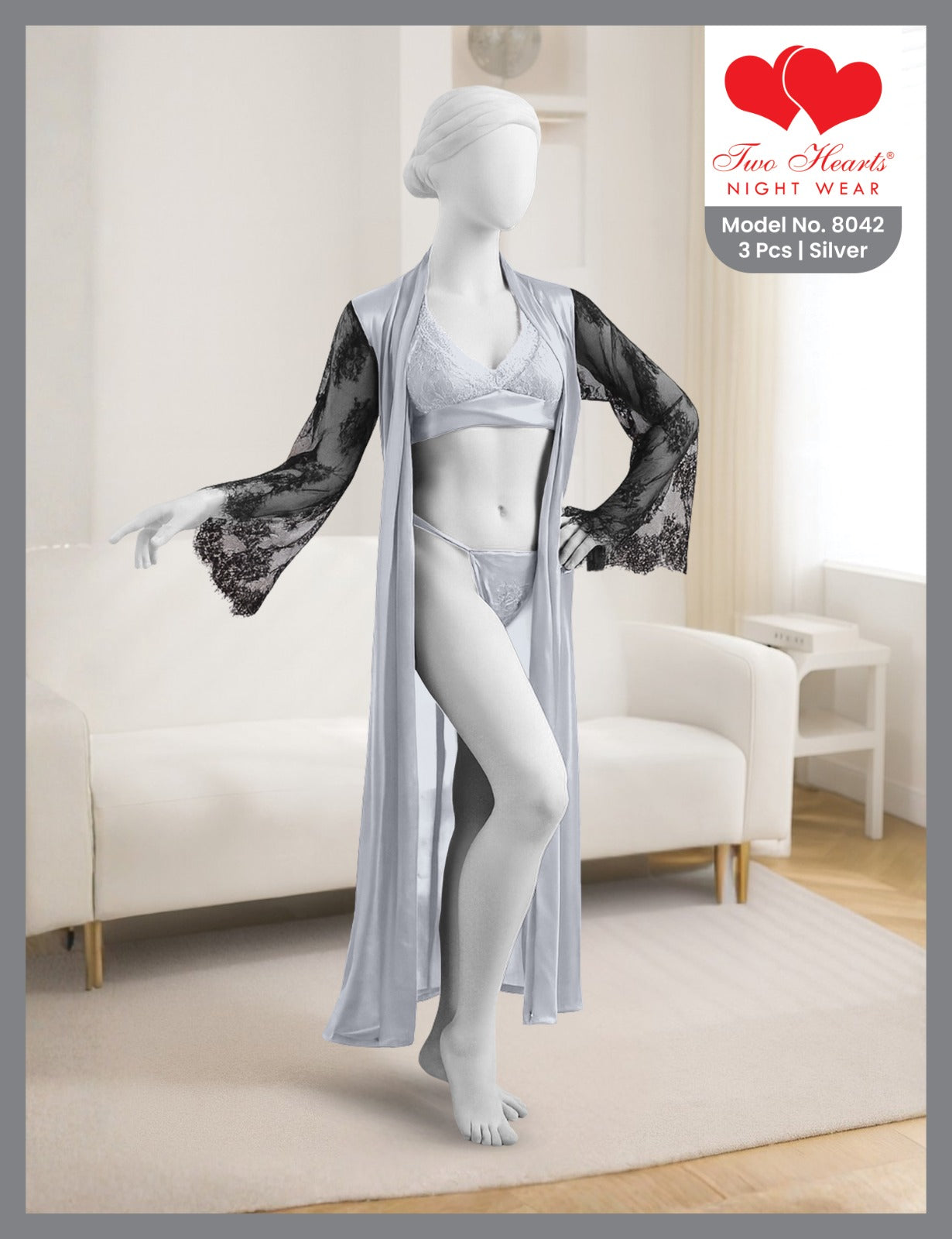 3 Piece Long Nighty with Gown and Bra set