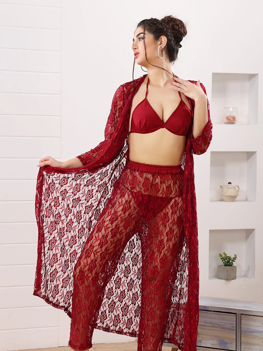 4 Piece Long Night Suit with Gown Trouser