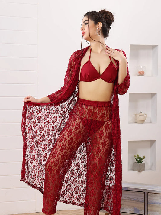 4 Piece Long Night Suit with Gown Trouser